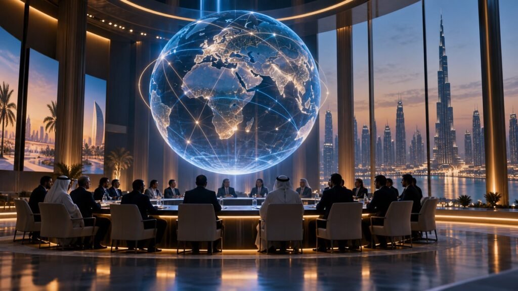 كرة رقمية مضيئة فوق طاولة مستثمرين في قاعة مؤتمر حديثة بدبي