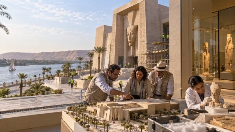 فريق معماري وترميم يتابع استكمال متحف إخناتون المطل على النيل في المنيا