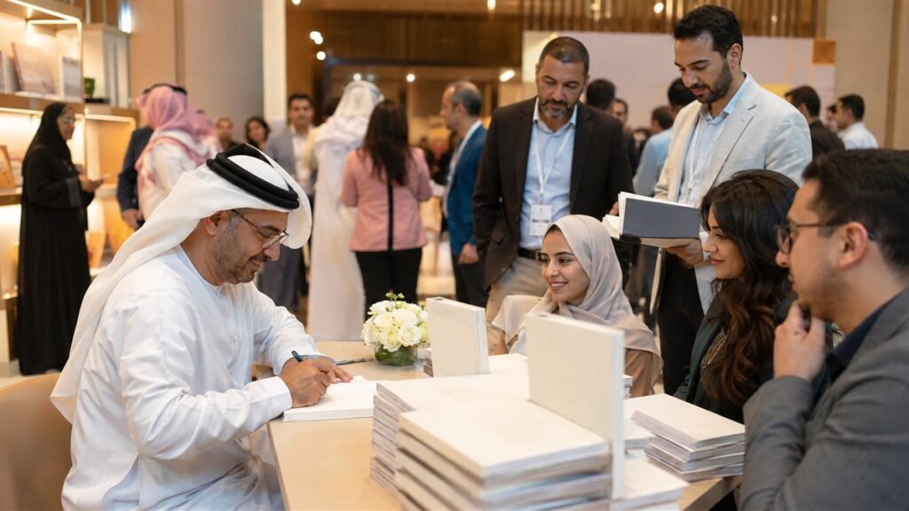 صورة تحريرية لكاتب يوقع كتابًا بحضور إعلاميين وقراء في مؤتمر بدبي