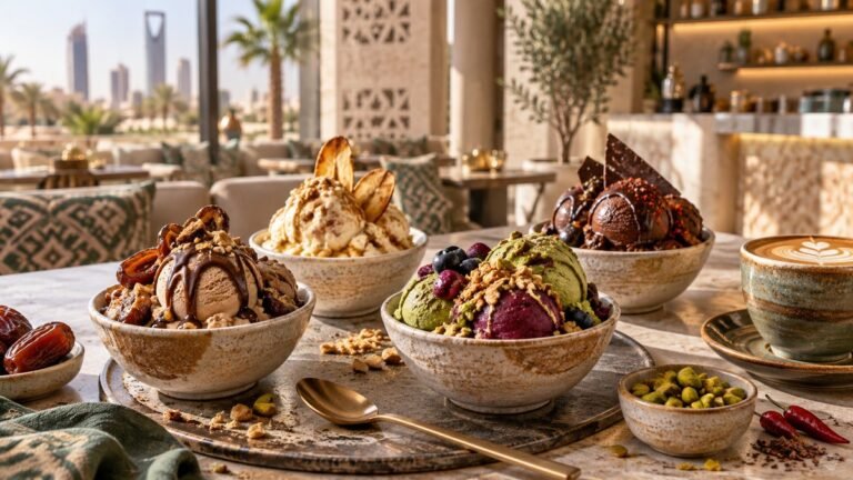 أكواب آيس كريم بنكهات التمر والمسعوب والماتشا في مقهى بالرياض