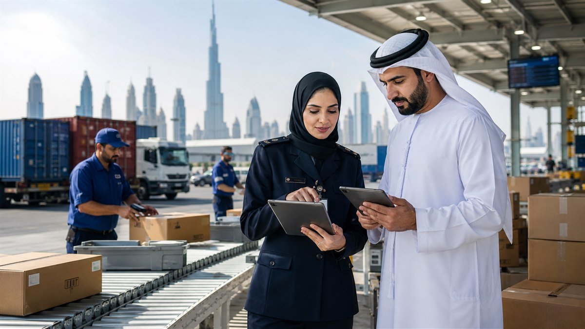 صورة تحريرية لمختصين يراجعون شحنات التجارة الإلكترونية في مركز لوجستي بدبي