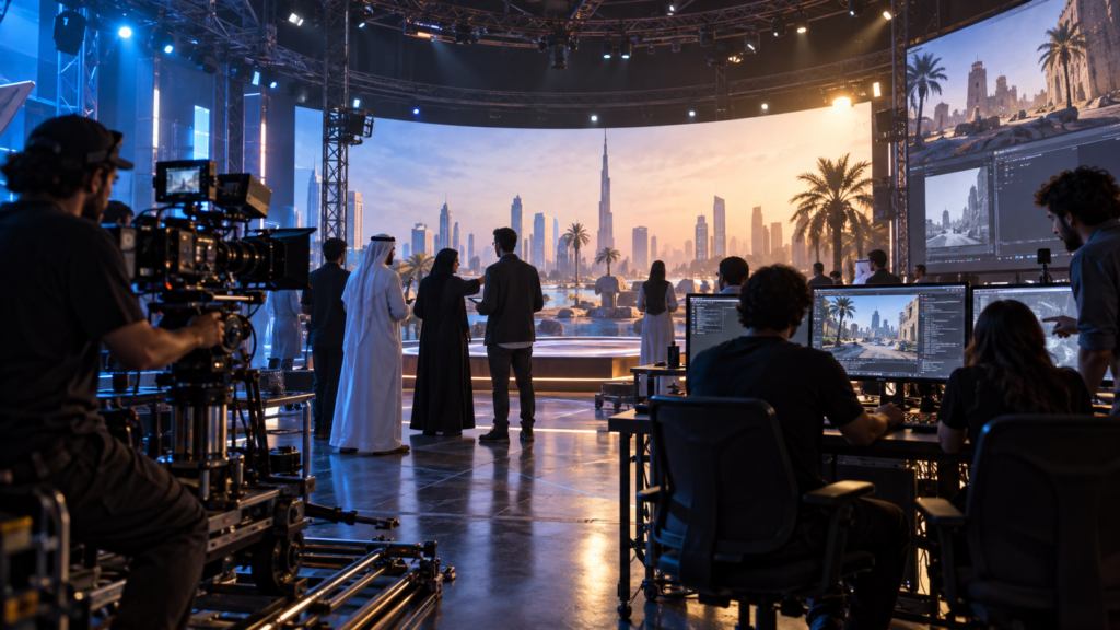 فريق أفلام ومطورو ألعاب داخل استوديو إنتاج افتراضي في دبي