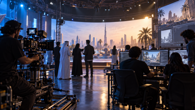 فريق أفلام ومطورو ألعاب داخل استوديو إنتاج افتراضي في دبي
