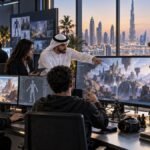 فريق تطوير ألعاب في دبي يناقش تصميم عالم رقمي داخل استوديو حديث