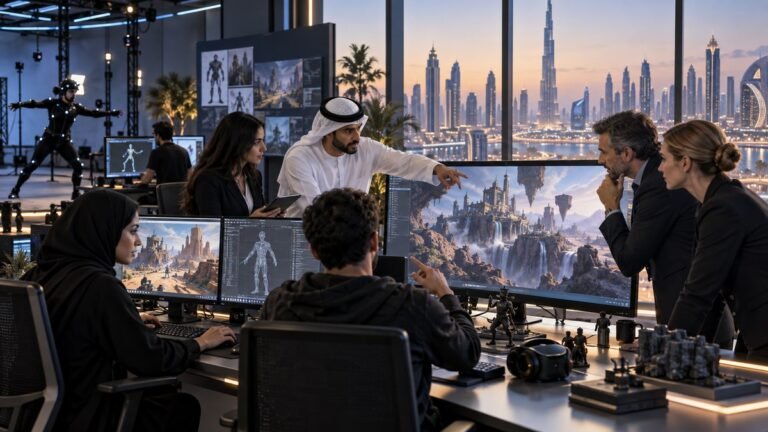 فريق تطوير ألعاب في دبي يناقش تصميم عالم رقمي داخل استوديو حديث