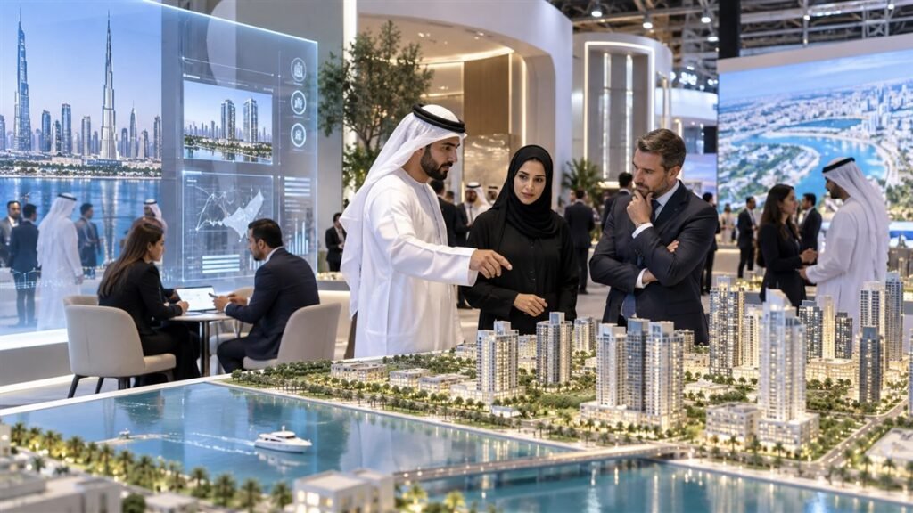 مستثمرون يتفقدون نموذجًا عمرانيًا وخدمات رقمية في معرض عقاري بدبي