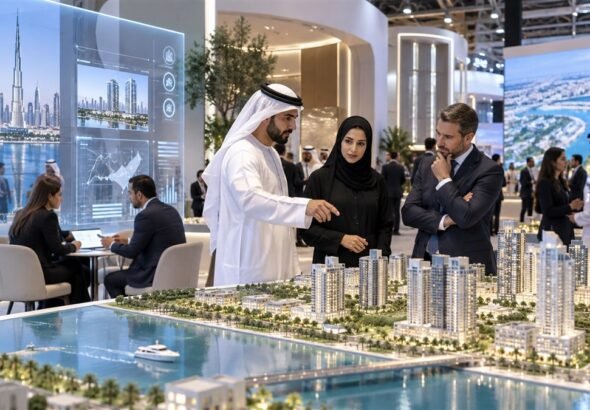 مستثمرون يتفقدون نموذجًا عمرانيًا وخدمات رقمية في معرض عقاري بدبي