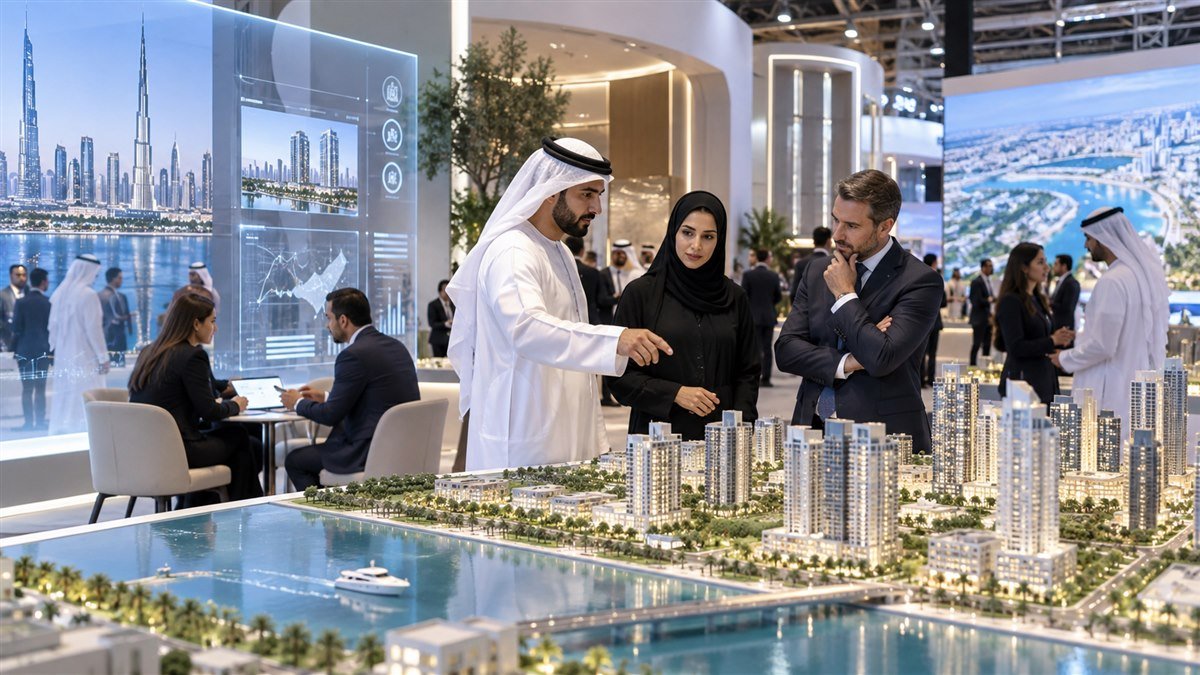 مستثمرون يتفقدون نموذجًا عمرانيًا وخدمات رقمية في معرض عقاري بدبي