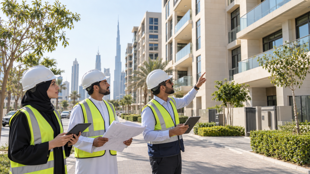 مهندسون يراجعون سلامة مبنى سكني حديث خلال جولة تفتيشية في دبي