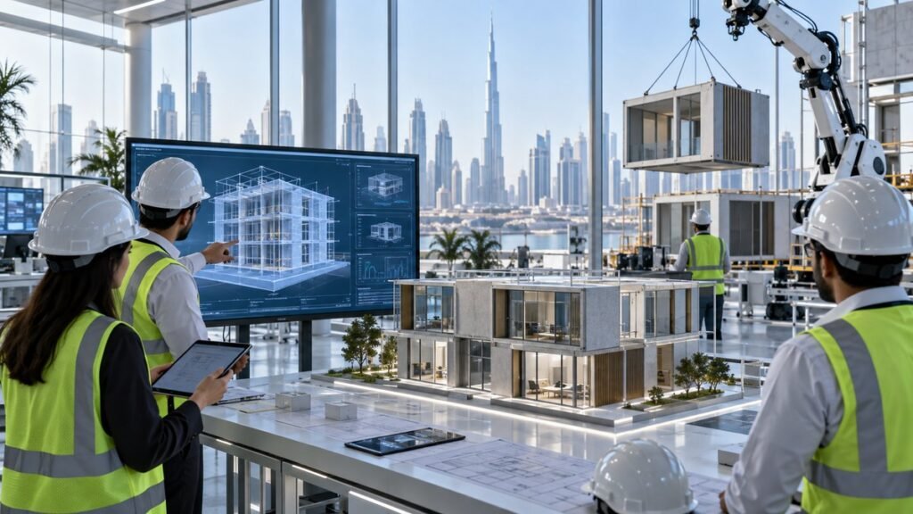 مهندسون يقارنون نموذج بناء معياري مع توأم رقمي وروبوتات في دبي