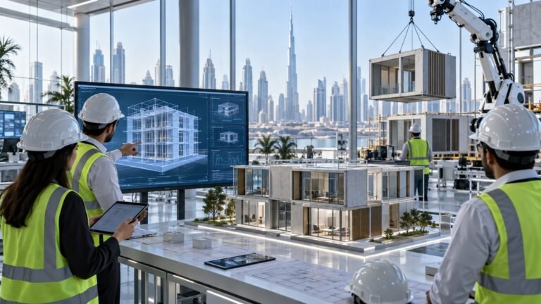 مهندسون يقارنون نموذج بناء معياري مع توأم رقمي وروبوتات في دبي