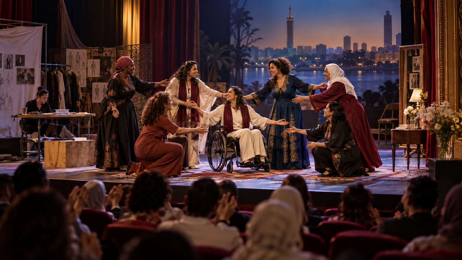 فنانات يقدمن عرضًا مسرحيًا عن الرعاية والتضامن أمام جمهور في القاهرة