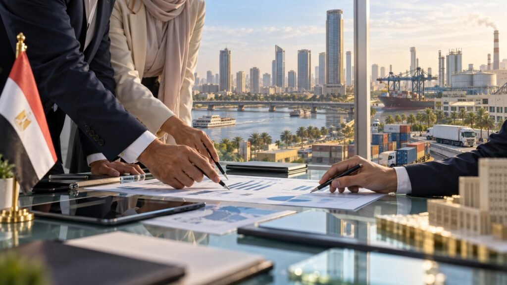 فريق أعمال يراجع مؤشرات الاستثمار أمام مشهد لوجستي وصناعي في القاهرة