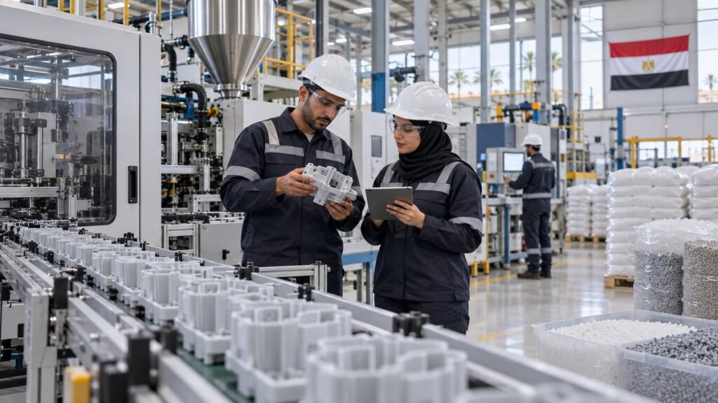مهندسان مصريان يفحصان خطوط إنتاج حديثة ضمن خطط توطين الصناعات
