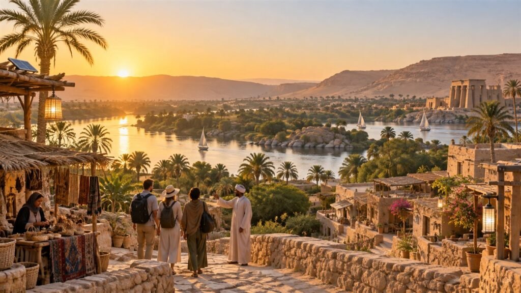 زوار يستكشفون وجهة مصرية مستدامة تجمع النيل والتراث والطبيعة عند الغروب