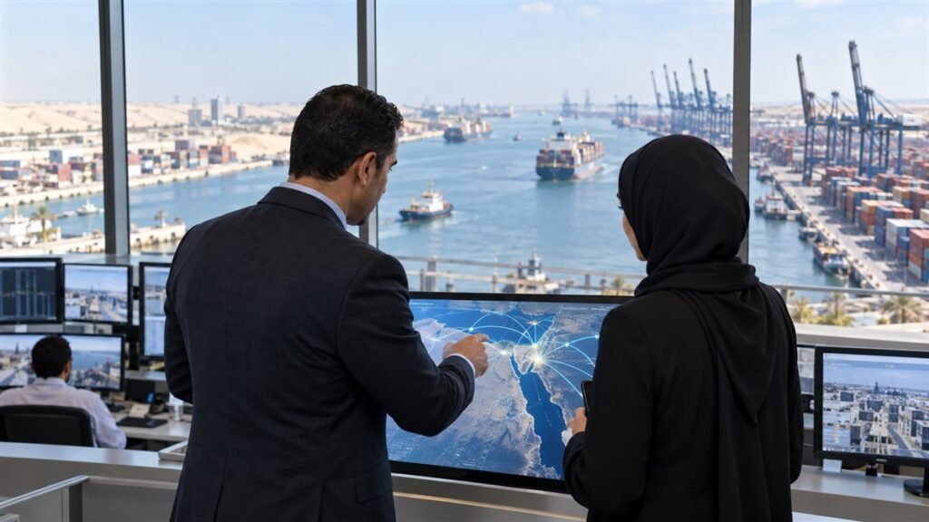 مختصان يراجعان خريطة تجارة رقمية داخل مركز لوجستي مطل على ميناء