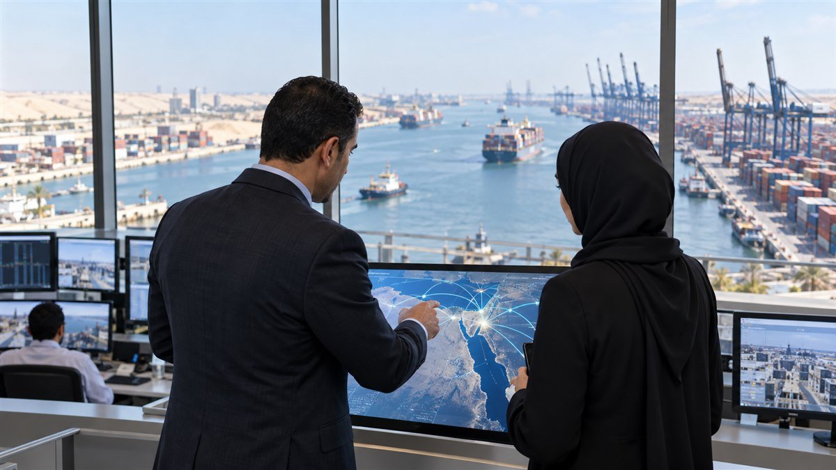 مختصان يراجعان خريطة تجارة رقمية داخل مركز لوجستي مطل على ميناء