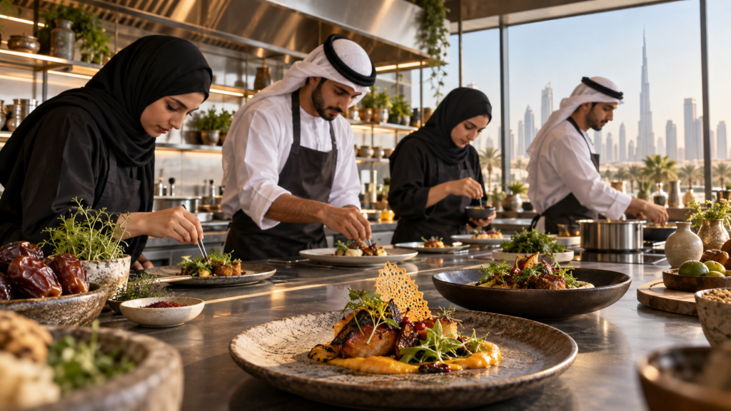 طهاة إماراتيون شباب يطورون أطباقًا معاصرة في مطبخ احترافي
