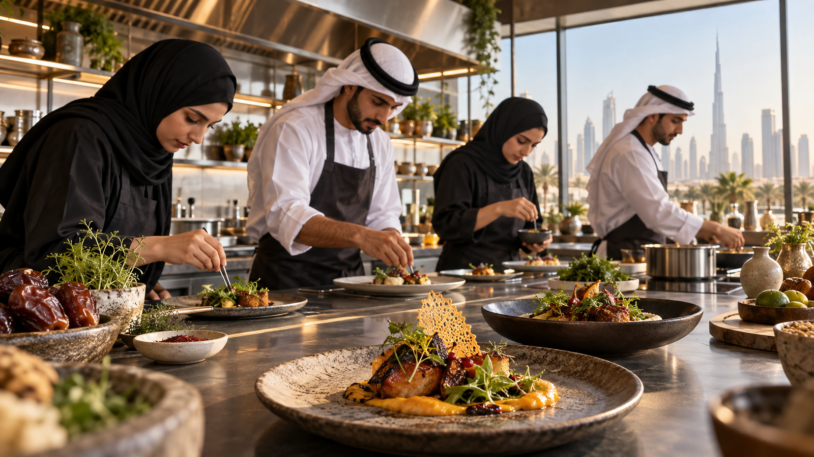 طهاة إماراتيون شباب يطورون أطباقًا معاصرة في مطبخ احترافي