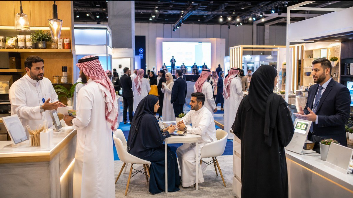 رواد أعمال يتناقشون داخل معرض الامتياز التجاري في جدة