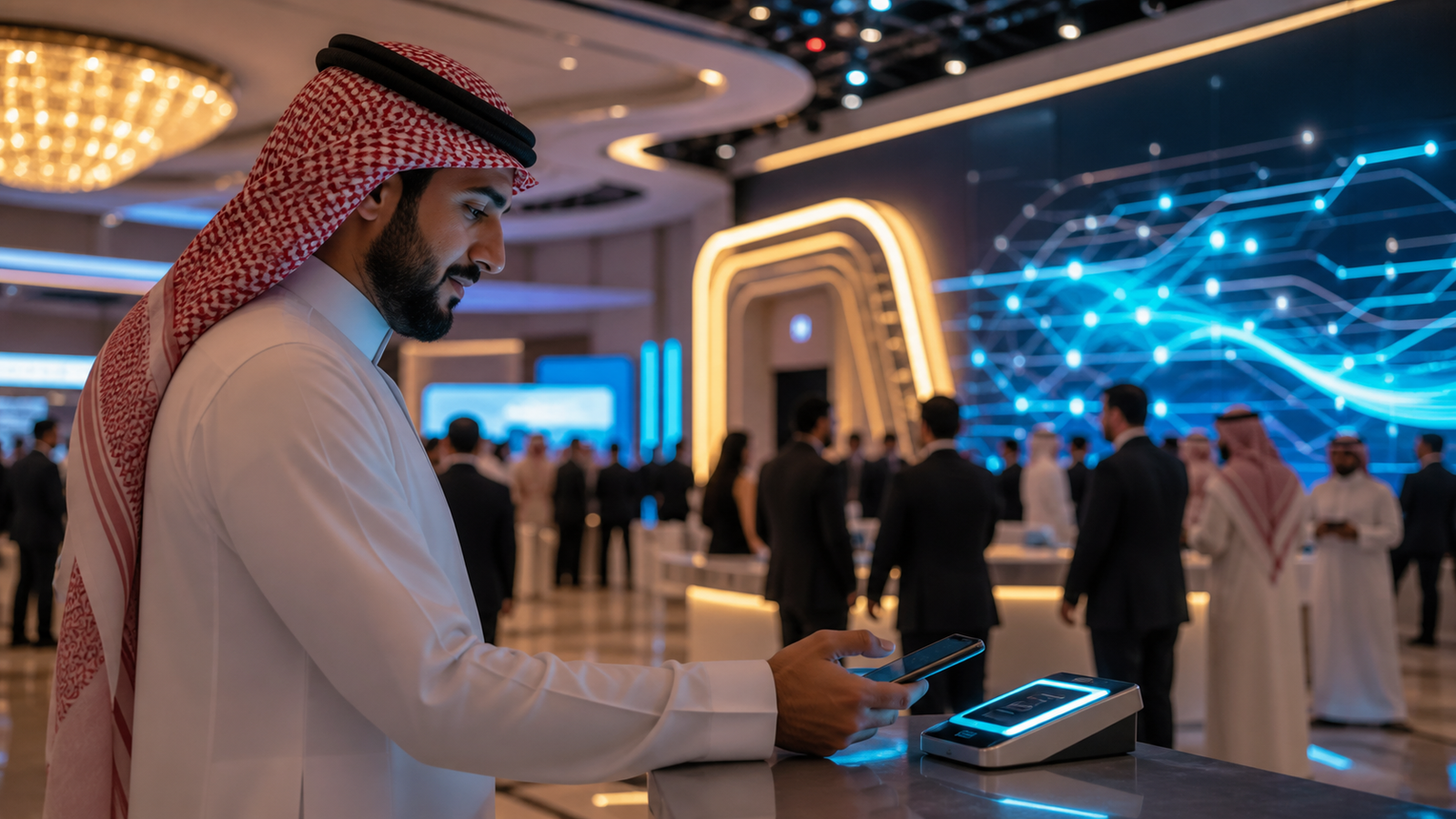 زائر يستخدم الدفع الرقمي داخل مؤتمر تقني حديث في الرياض