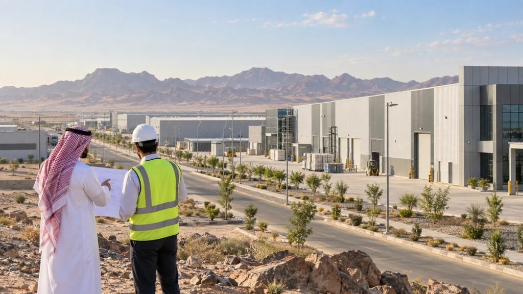 مستثمر ومهندس يتفقدان مصانع جاهزة حديثة في المدينة الصناعية بتبوك