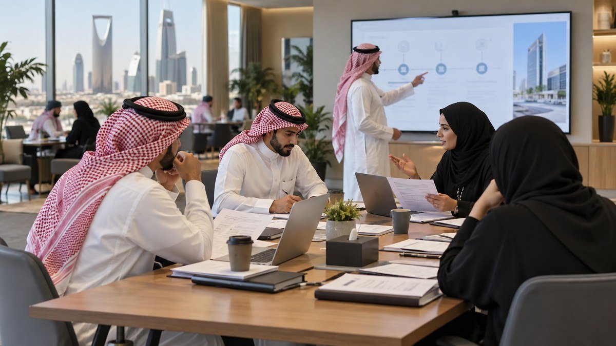 رواد أعمال سعوديون يراجعون عقودًا خلال ورشة قانونية في الرياض