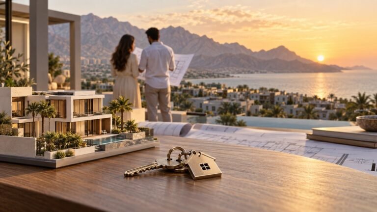 مفاتيح ونموذج منزل أمام مشروع سكني ساحلي في رأس الخيمة