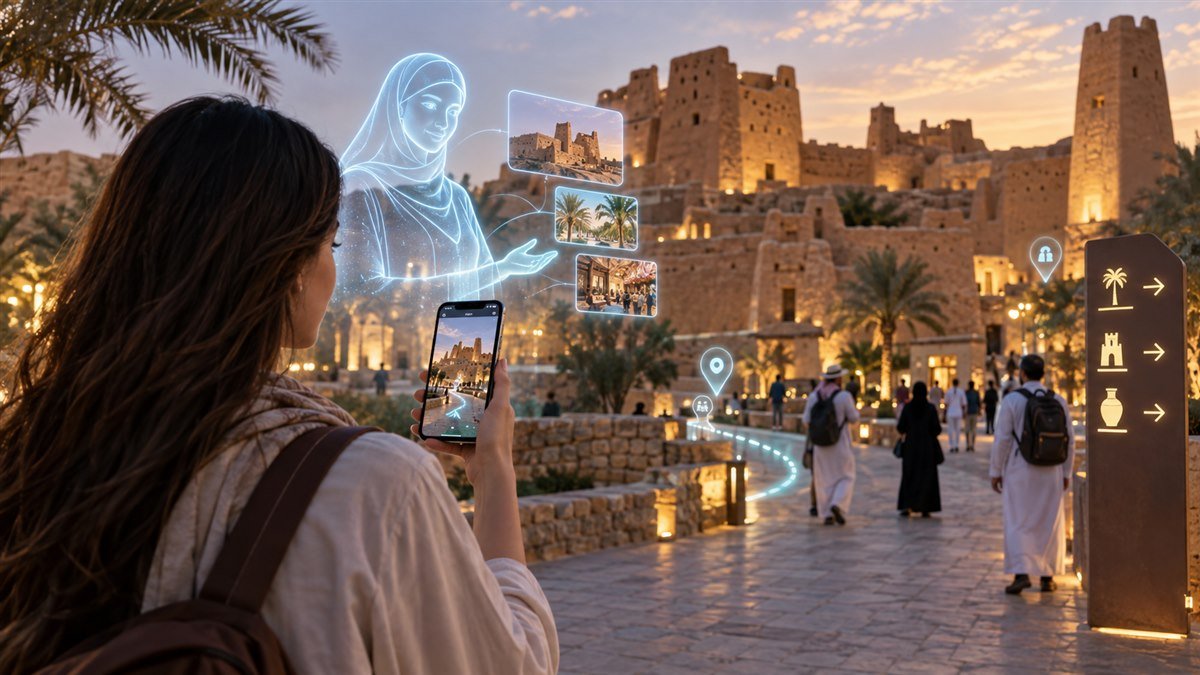 سائحة تستخدم مرشدًا ذكيًا لاستكشاف موقع تراثي في السعودية