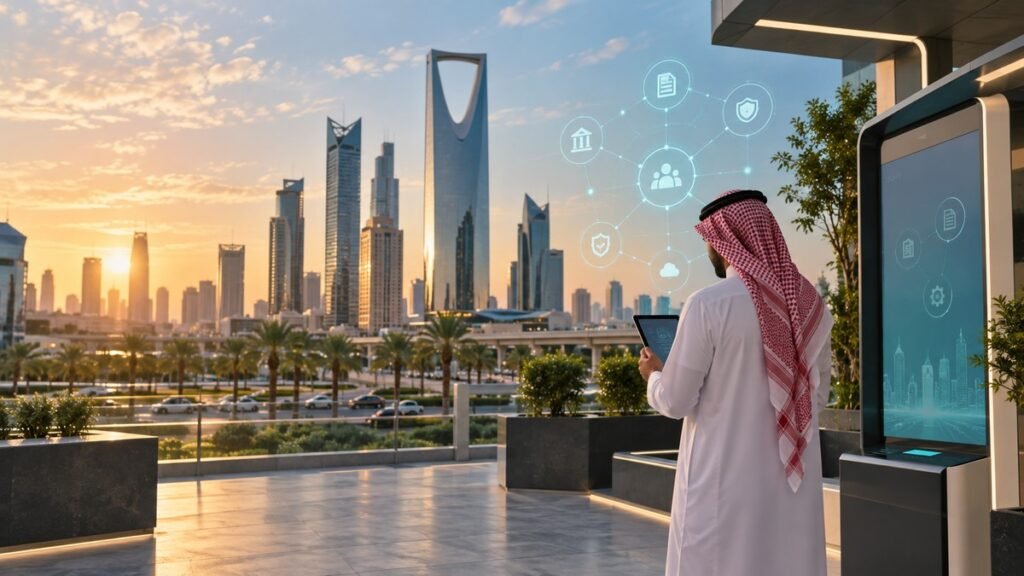 رائد أعمال سعودي يستخدم منصة رقمية موحدة أمام أفق الرياض الحديث