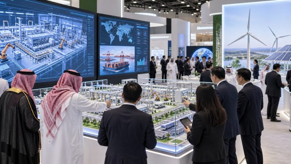 مستثمرون سعوديون وصينيون يتفقدون نموذج مصنع ذكي في معرض دولي