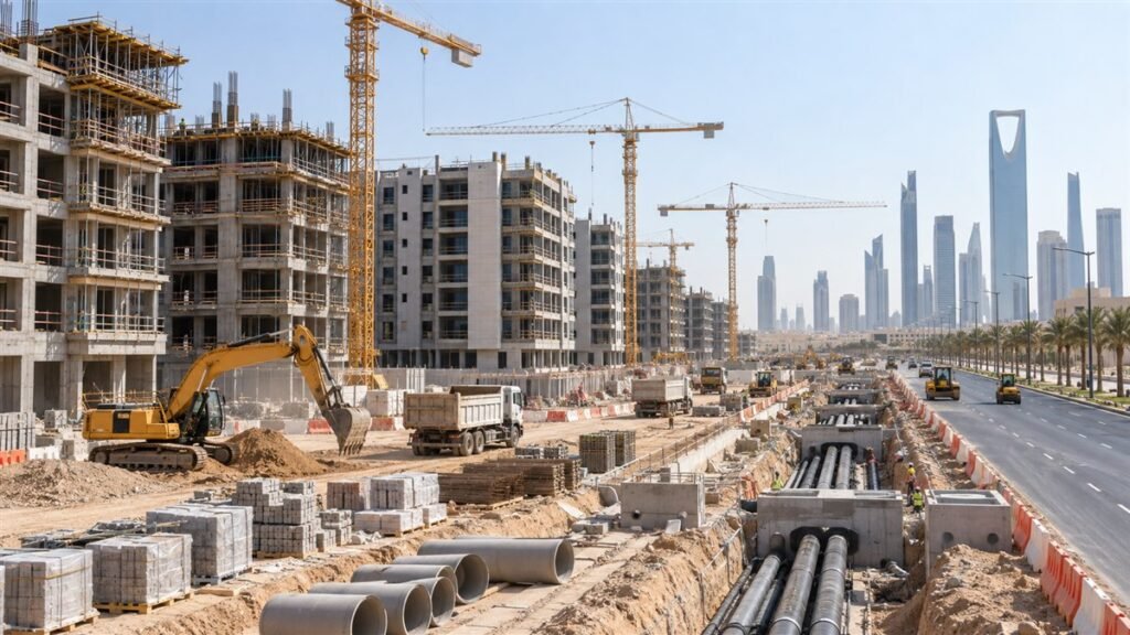 موقع إنشاءات سكنية وبنية تحتية يعكس توسع نشاط البناء في السعودية