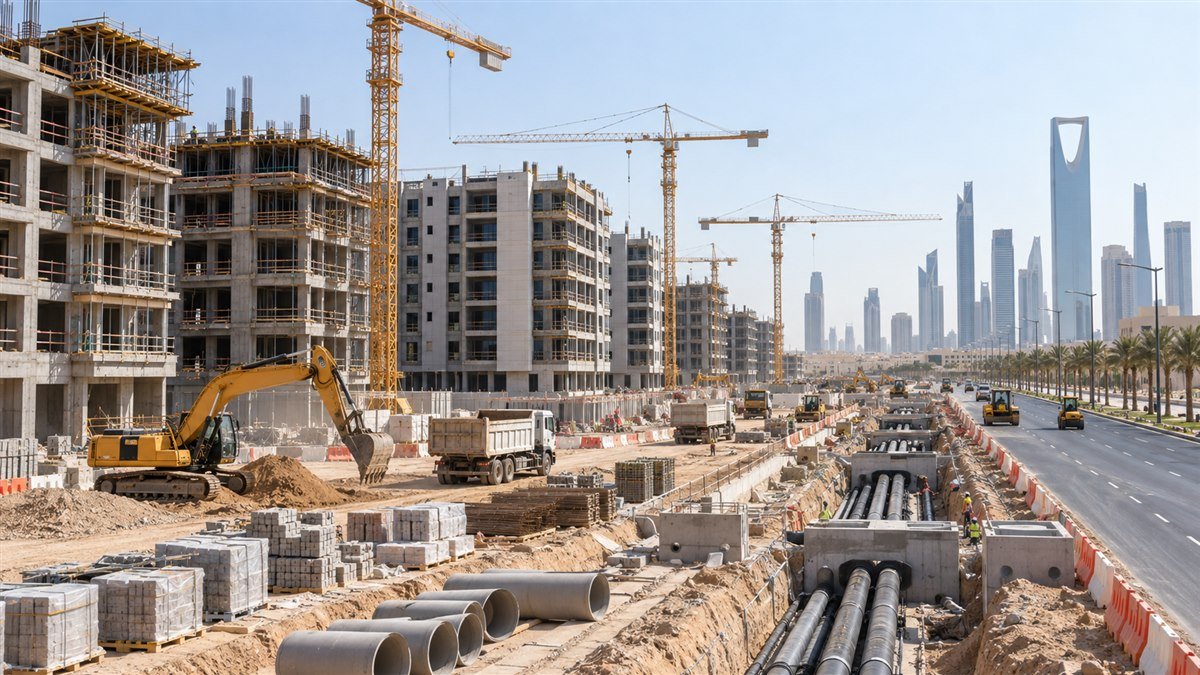 موقع إنشاءات سكنية وبنية تحتية يعكس توسع نشاط البناء في السعودية