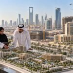 مهندسون يراجعون نموذج مشروع فندقي أمام منطقة تطوير عمراني في الرياض