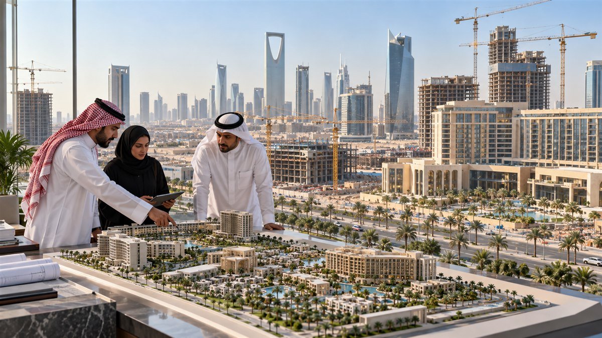 مهندسون يراجعون نموذج مشروع فندقي أمام منطقة تطوير عمراني في الرياض