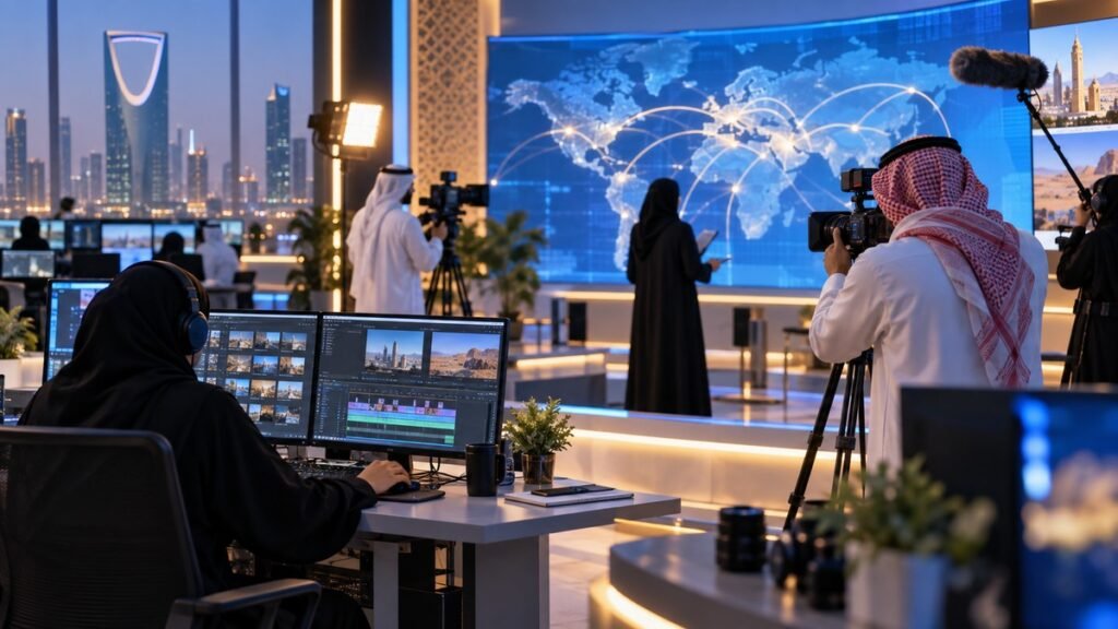 متدربون سعوديون يعملون بالكاميرات والمونتاج في استوديو إعلامي حديث