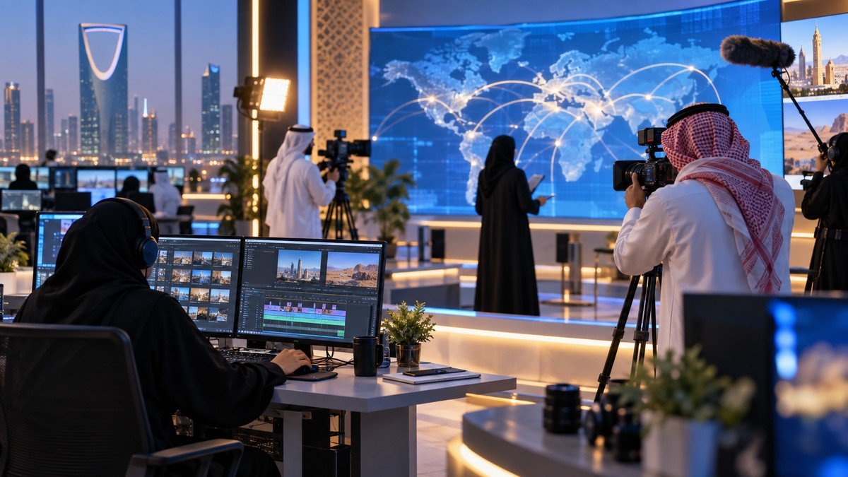 متدربون سعوديون يعملون بالكاميرات والمونتاج في استوديو إعلامي حديث