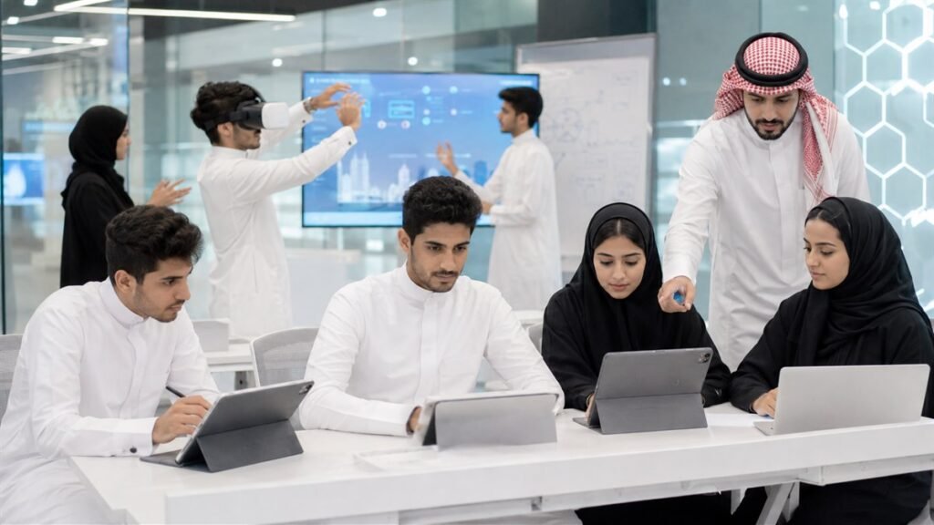 صورة تحريرية لمتدربين سعوديين يتعلمون تقنيات رقمية في مختبر حديث