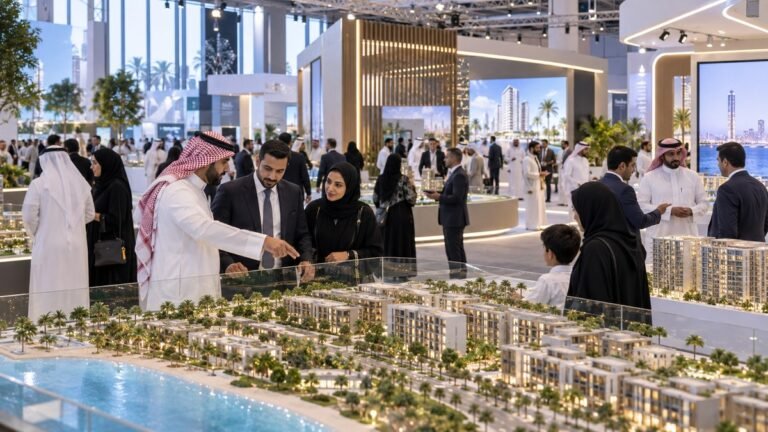 زوار ومستثمرون يتفقدون مجسمات مشروعات سكنية في معرض عقاري بجدة